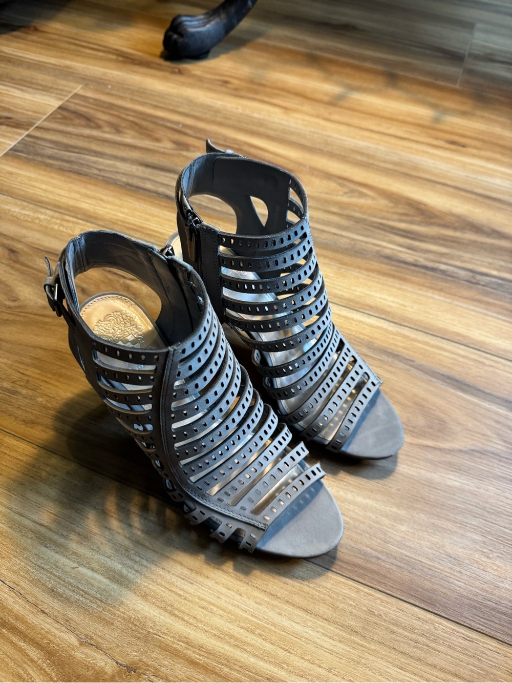 Vince Camuto Gray Laser-Cut Studded Peep-Toe Block Heels